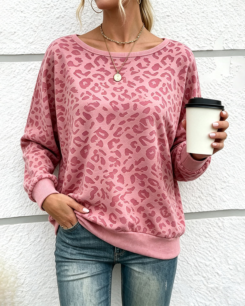 Leopard Crewneck Drop Shoulder Pullover Sweatshirt