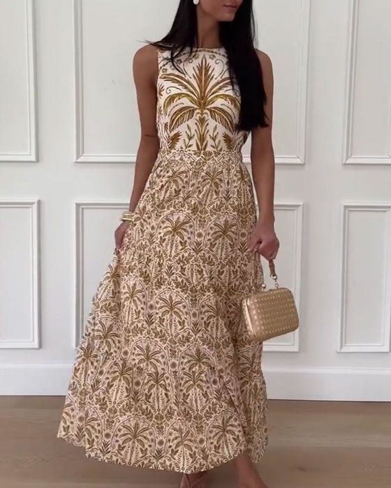 Retro Printed Sleeveless Long Dress