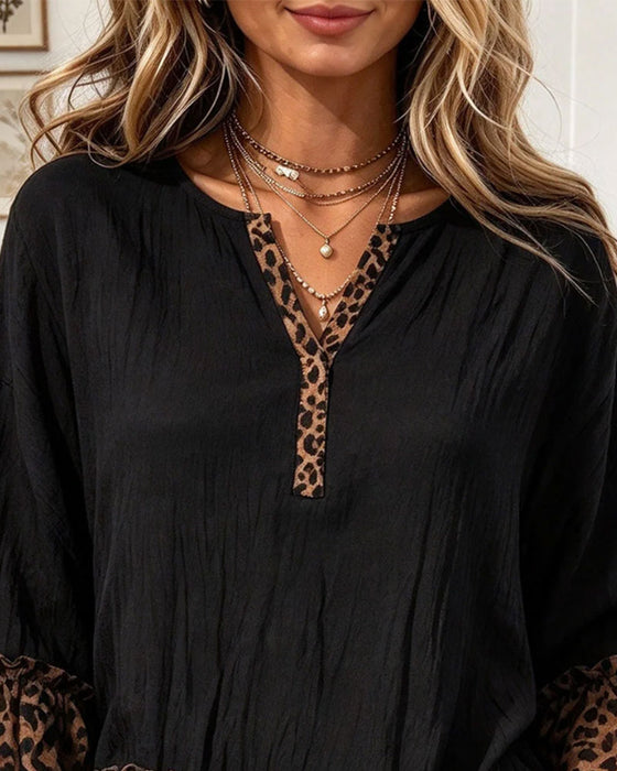 Leopard-Print Panel V-Neck Blouse