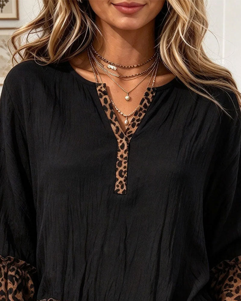 Leopard-Print Panel V-Neck Blouse