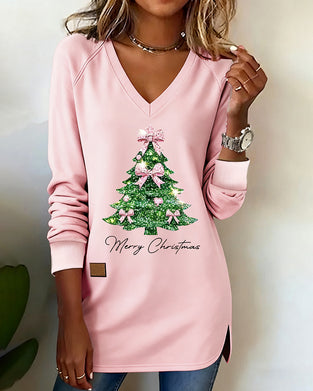 Christmas Tree Print Raglan Sleeve V-Neck Sweatshirt