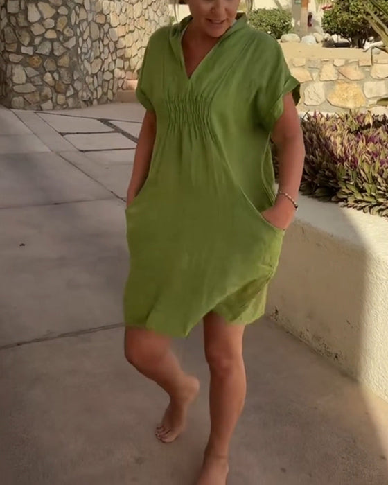 Solid color pleated pocket casual dress