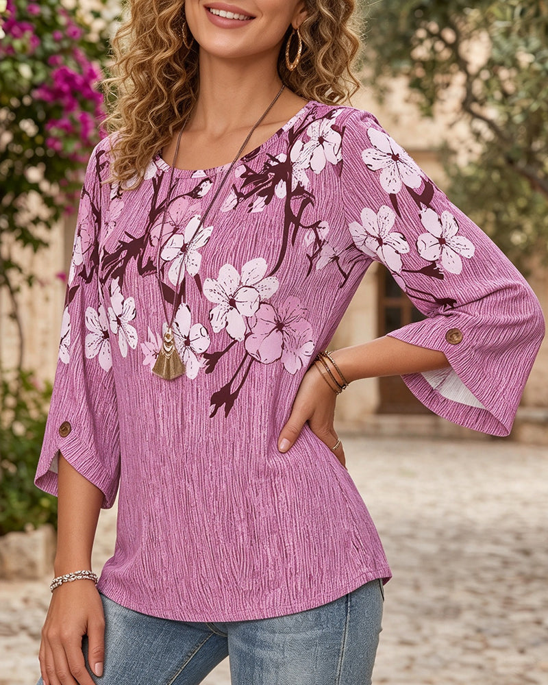 Crew Neck Floral Irregular Elbow-Length Sleeve Blouse