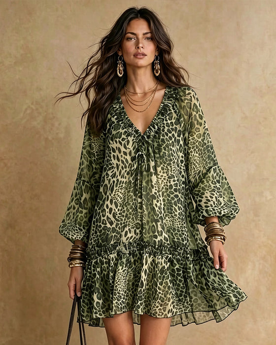 V-Neck Leopard Print Puff-Sleeve Ruffle Dress