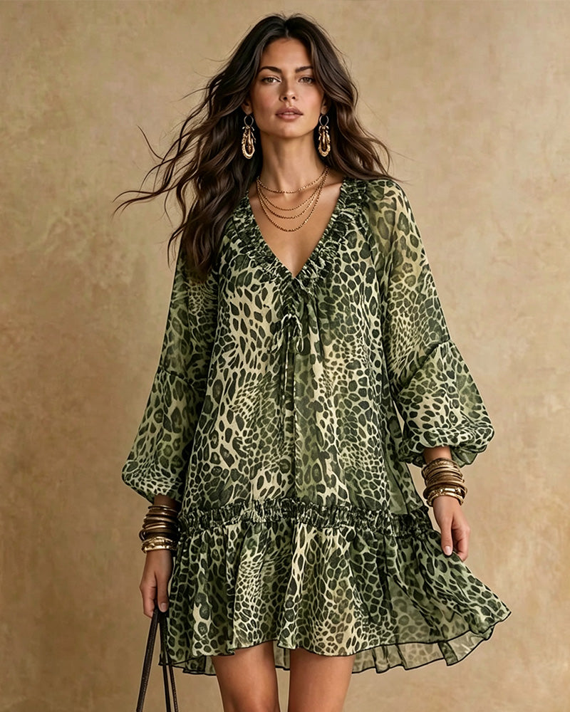 V-Neck Leopard Print Puff-Sleeve Ruffle Dress