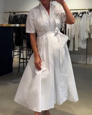 V-Neck Tie Waist Full Skirt Dress