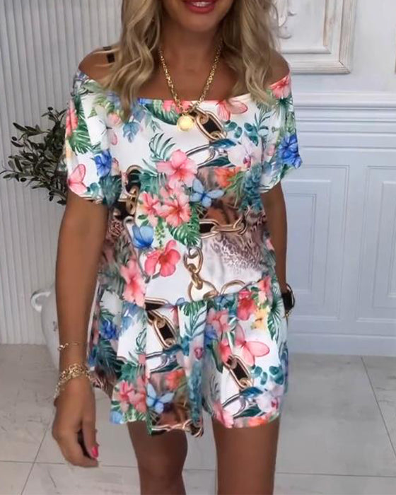 Plant and Flower Patterns, Off-the-Shoulder Jumpsuit
