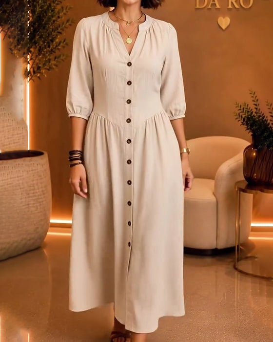 V-Neck Button Ruched Elbow-Length Sleeve Dress