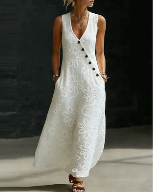 V-Neck Floral Pattern Diagonal Button Long Dress