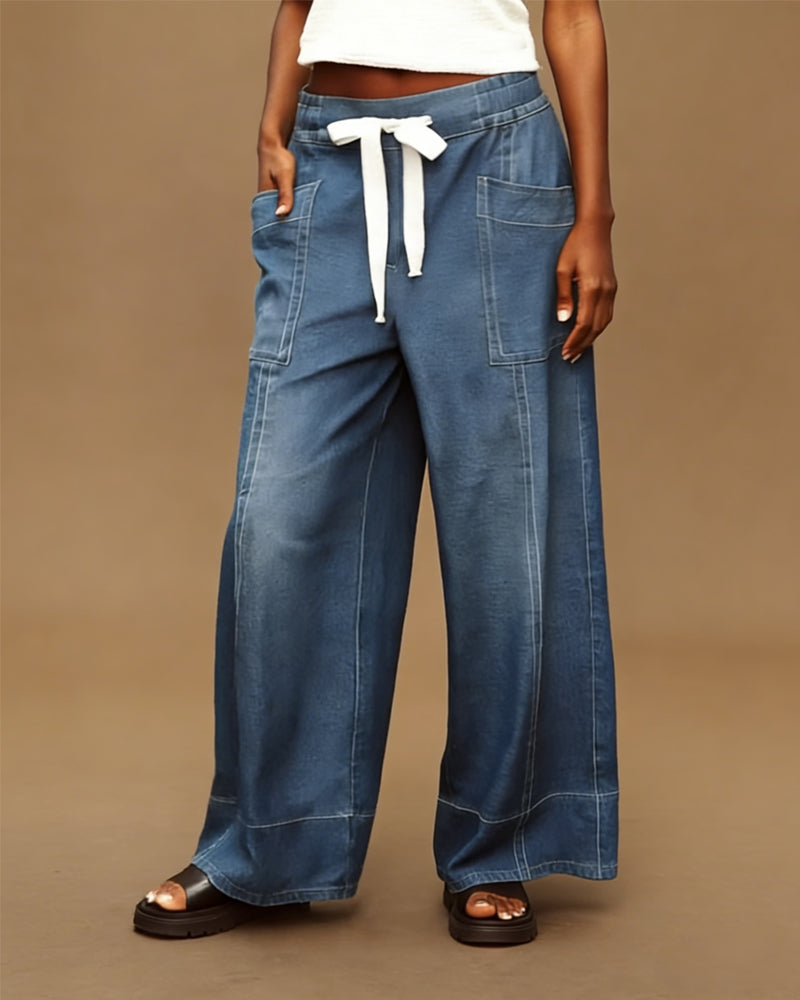 Drawstring Large Pocket Wide-Leg Jeans