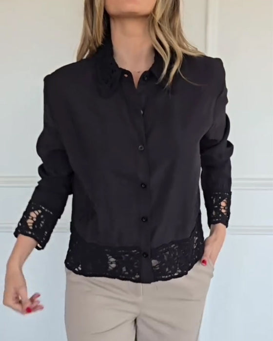 Lapel Hem Lace Patchwork Blouse