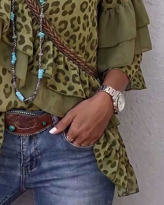 V-Neck Ruffle Leopard Blouse