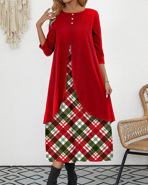 Red fake 2in1 plaid a line velvet dress