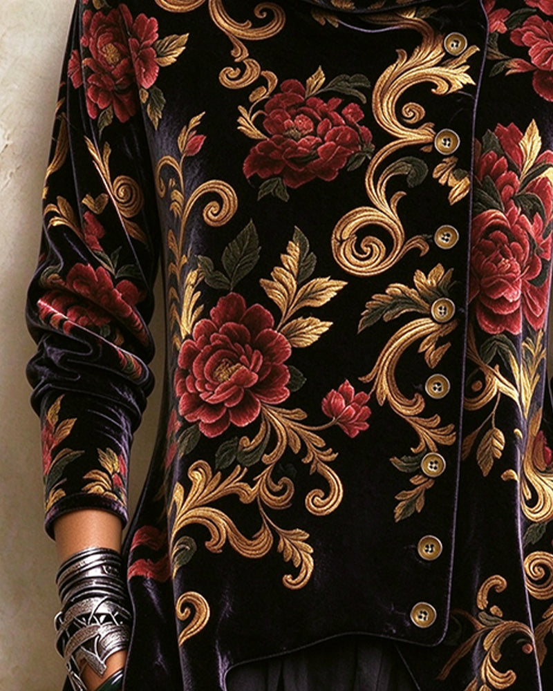 Vintage Floral Turtleneck Bias-Breasted Top