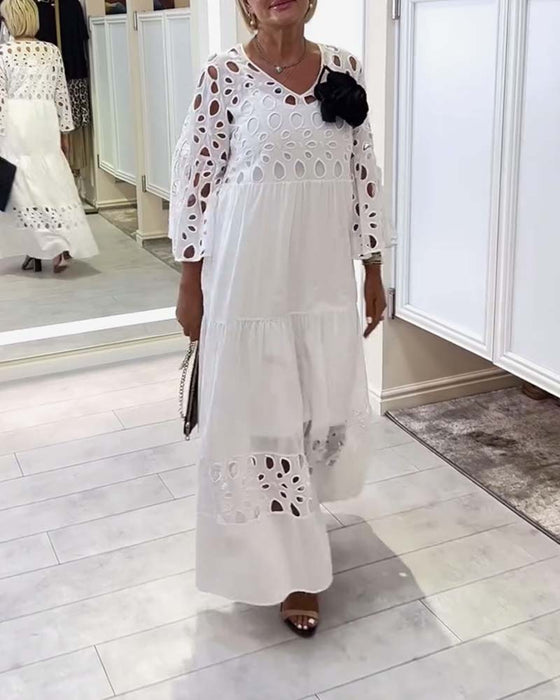 Elegant Solid Color Lace Hole Dress