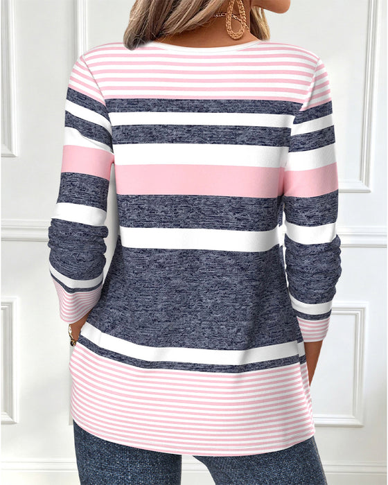 Crew Neck Buttoned Pleated Striped Top