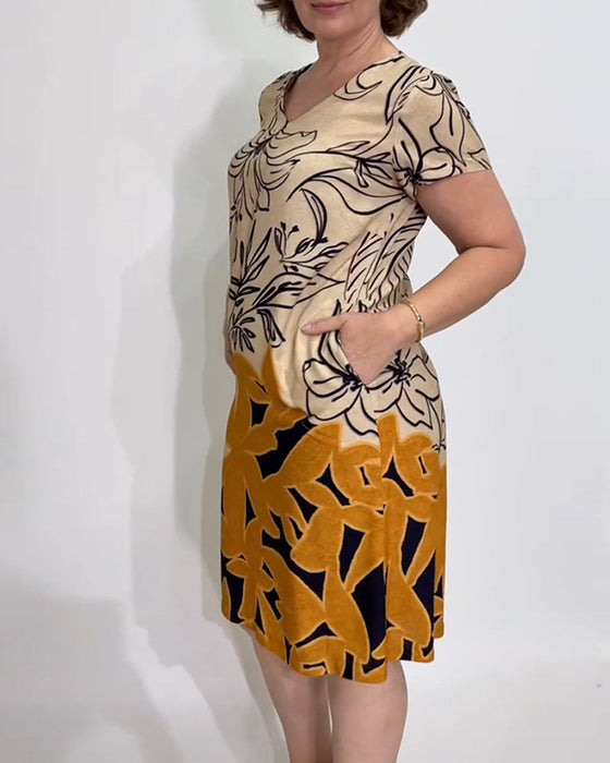 Waist-slimming floral mid-length dress