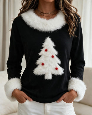 Crew Neck Christmas Tree Color-Block Top