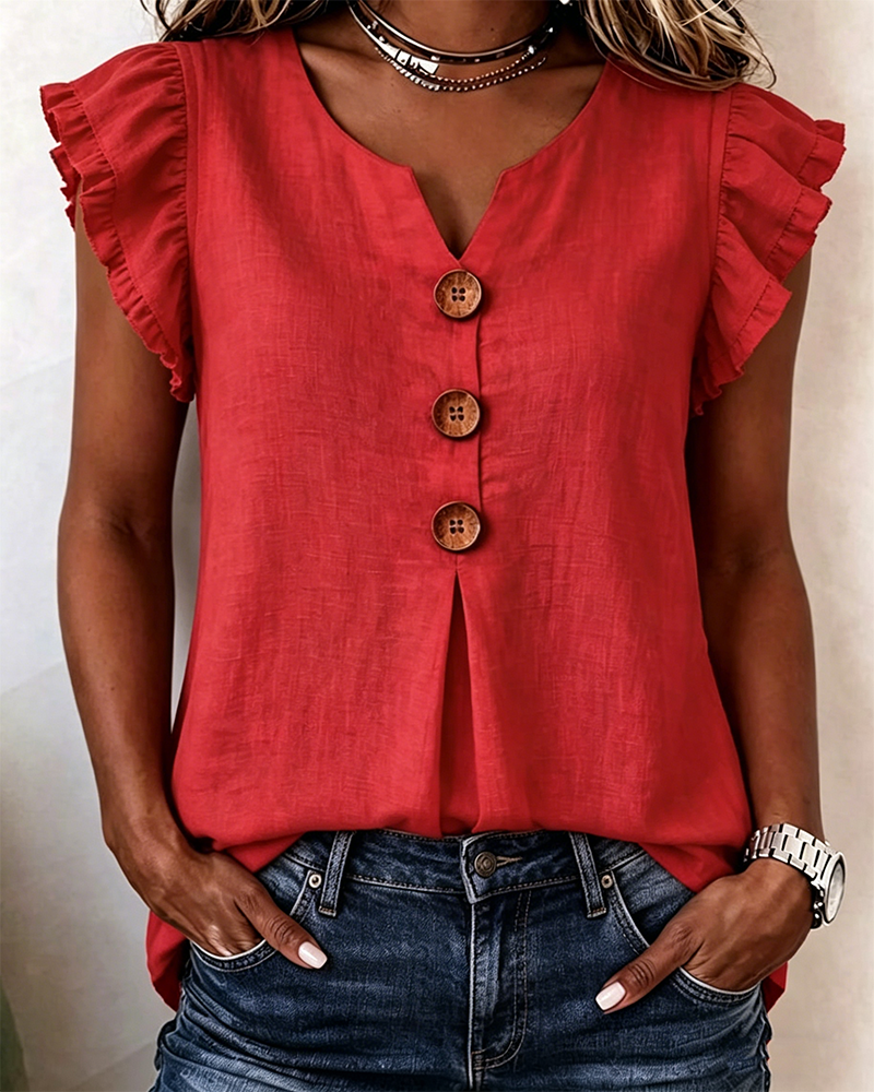 Ruffle Short Sleeve Solid Three-Button Blouse