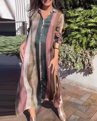 Lapel striped button casual dress