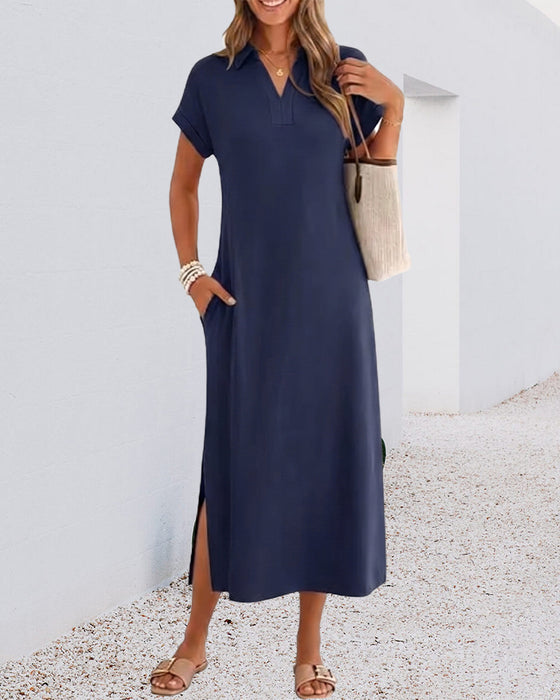 Polo Collar Slit Draped Knit Dress