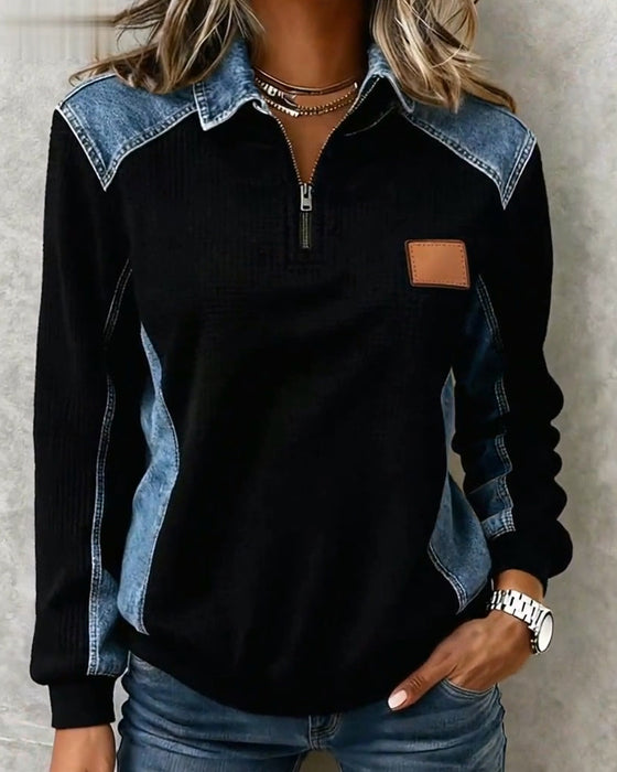 Zipper Denim Patchwork Lapel Top