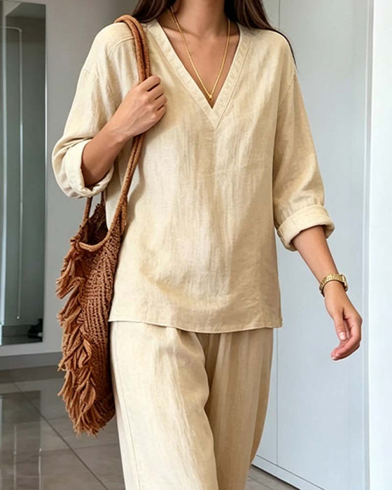 V‑Neck Solid Long‑Sleeve Wide‑Leg Set