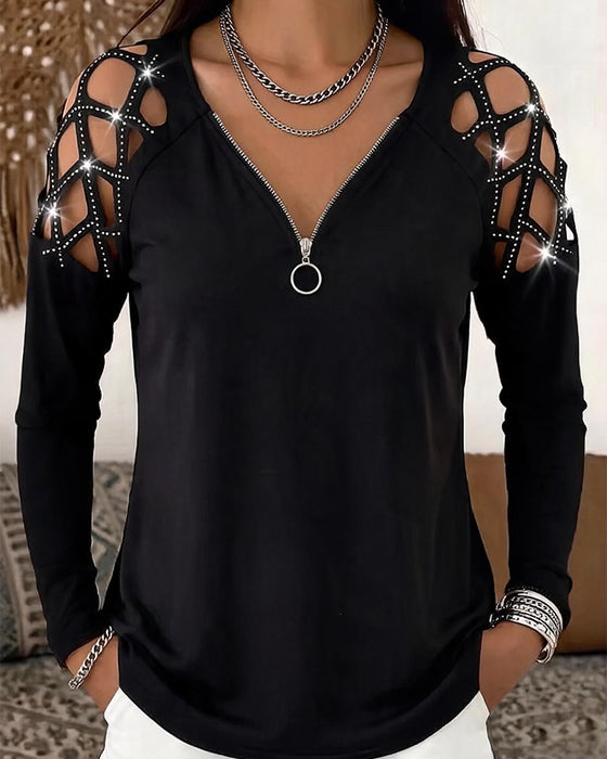V-Neck Zip Cutout Long-Sleeve Top