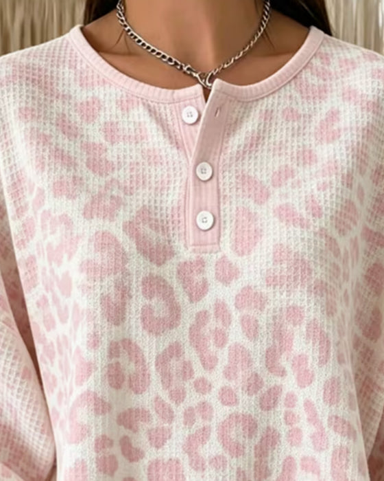Crew-Neck Button-Down Leopard Casual Sweatshirt