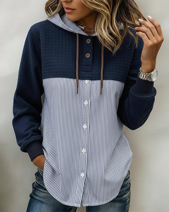 Buttoned Hooded Vertical Stripe Patchwork Shirt