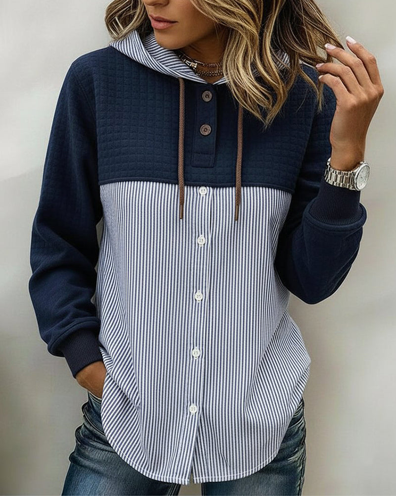 Buttoned Hooded Vertical Stripe Patchwork Shirt