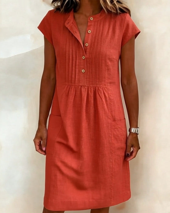 Cotton And Linen Stand Collar Short Sleeve Dress
