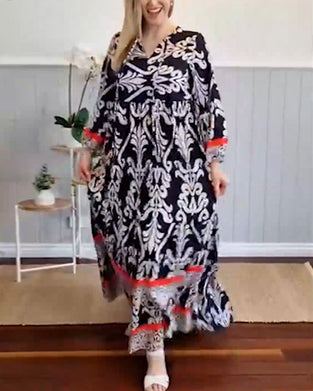 Retro printed V-neck long dress