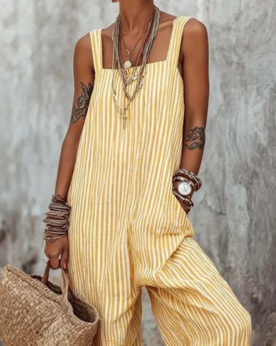 Wide Strap Striped Overalls Jumpsuit