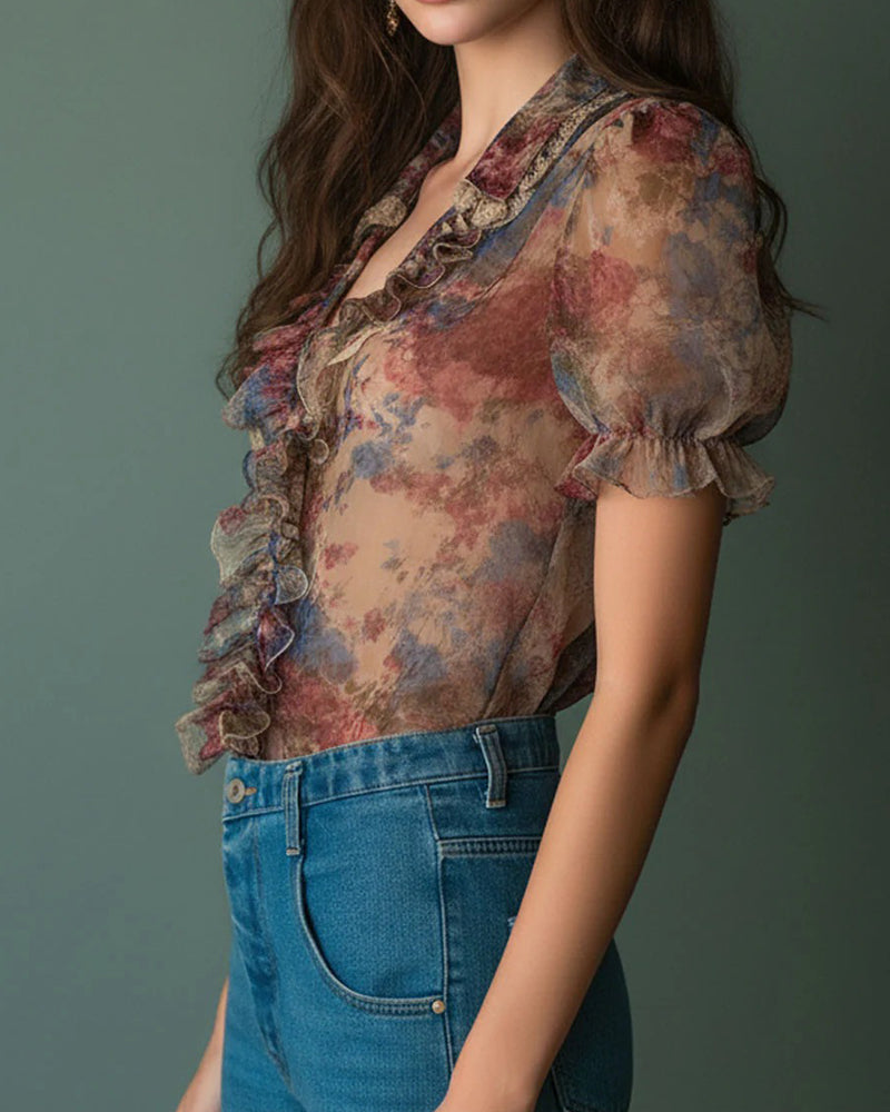 Lotus Leaf Deep V Floral Blouse