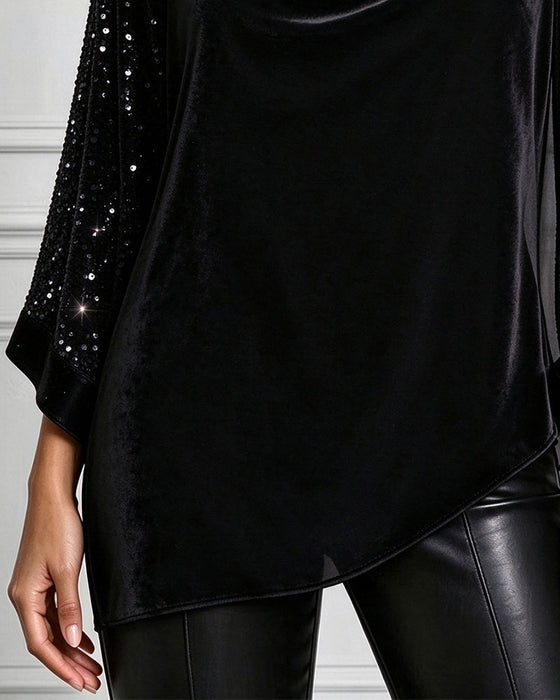 Mock Neck Three-Quarter Sleeve Fan Pleated Top