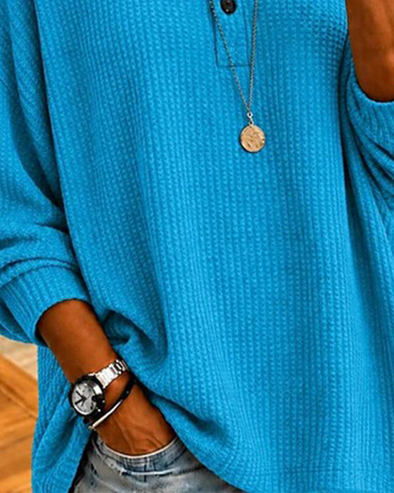 Waffle Crew Neck Loose Blouse