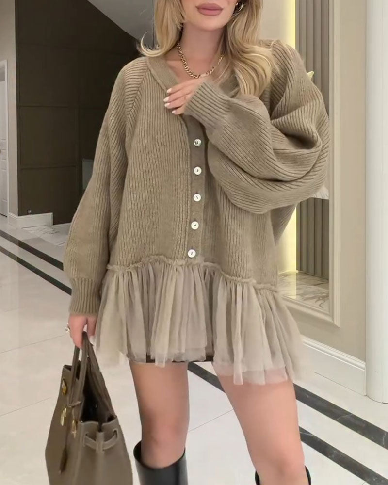 V-Neck Mesh Ruffle Patchwork Cardigan