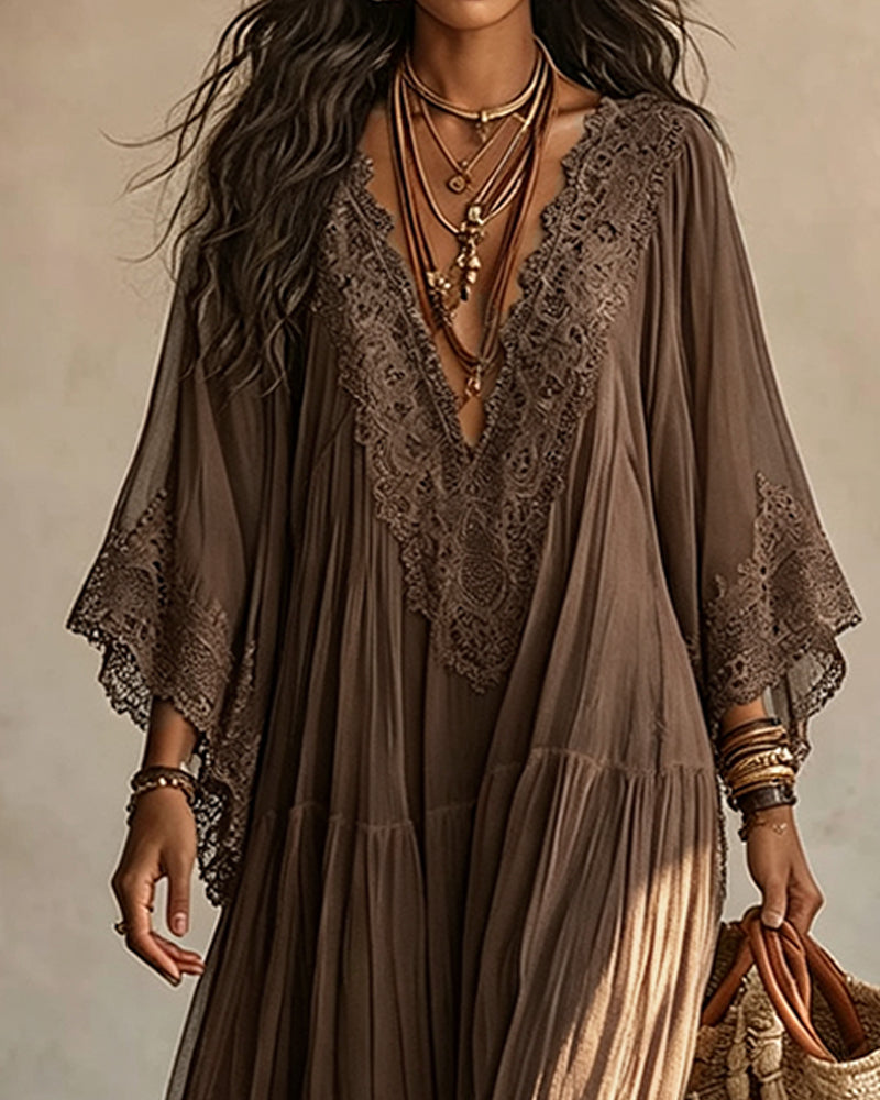 V-Neck Lace Patchwork Solid Color Dress
