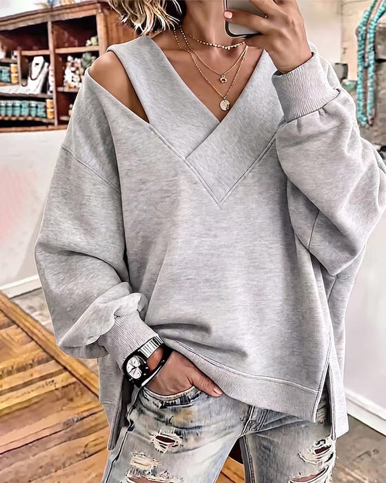 V-Neck Off-Shoulder Asymmetric Slit Sweatshirt