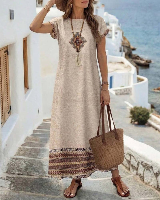 Round Neck Overlap Print Dress