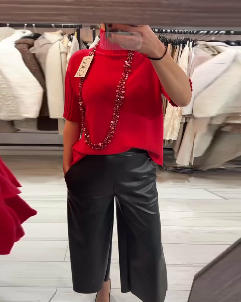 Solid Color High-Neck Short-Sleeved Jumper