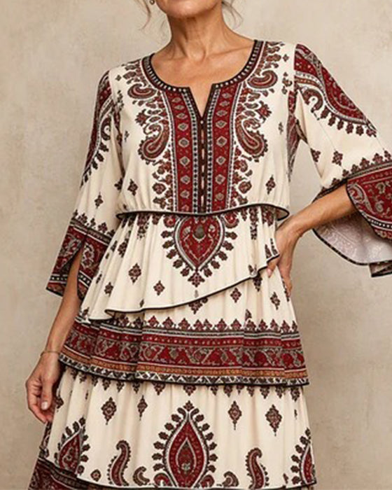 Printed Crew Neck Short-Sleeve Dress