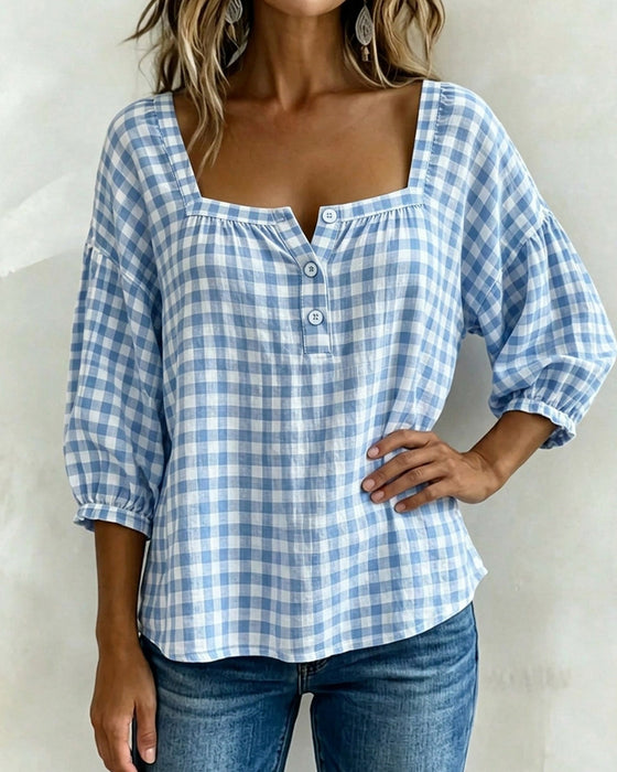 Square Neck Button-Up Plaid Blouse