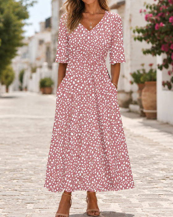 V-Neck Polka Dot Ruffle A-Line Dress