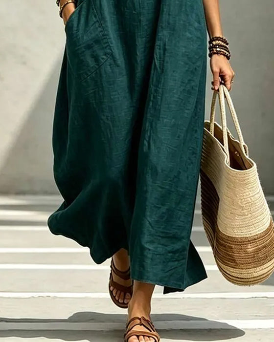 Round Neck Button Pocket Solid Dress