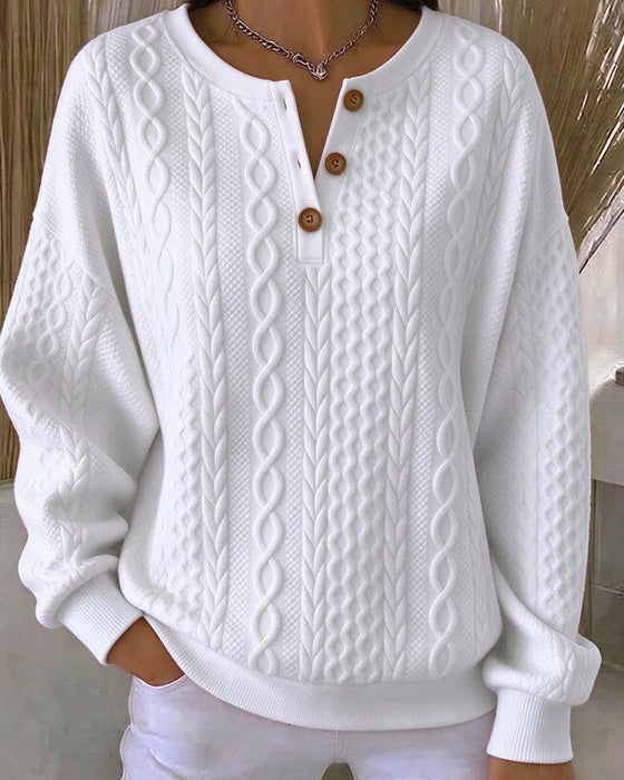 V-Neck Buttoned Cable Solid Color Sweatshirt