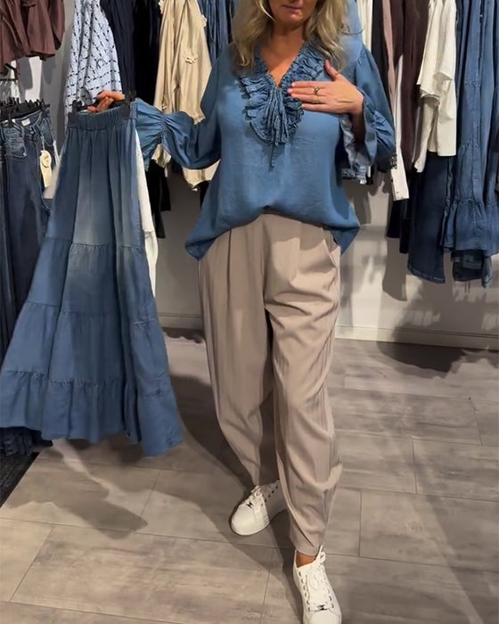 Ruffle Trim Tie-Up Denim Blouse