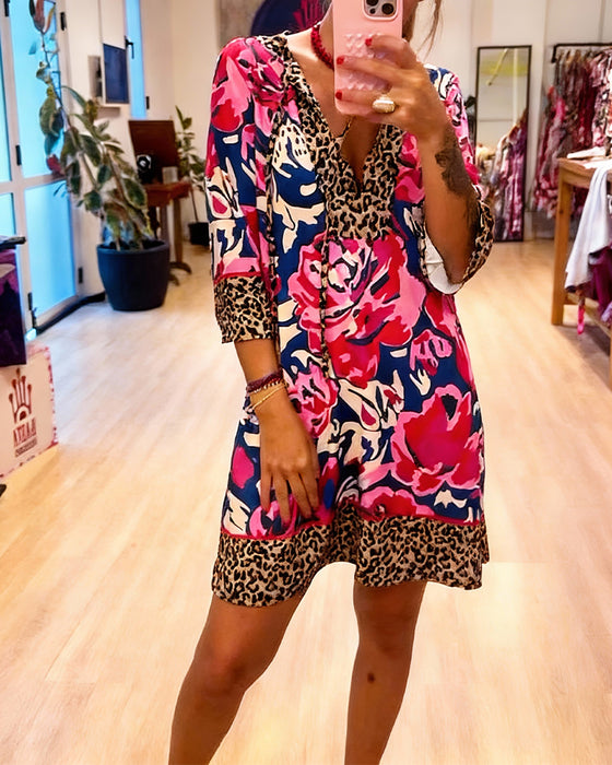 V-Neck Lace-Up Leopard Print Floral Dress