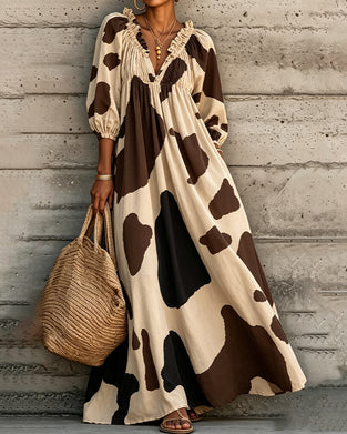 Shirred V-Neck Ruffle Dress